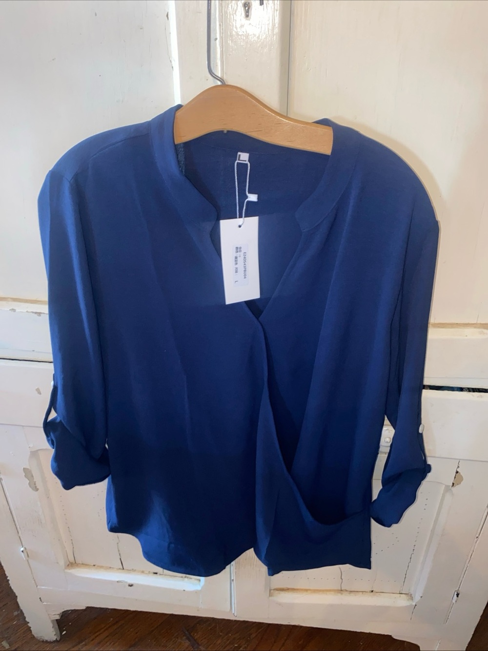 Women's Royal Blue Surplice Blouse with Roll-Tab Sleeves